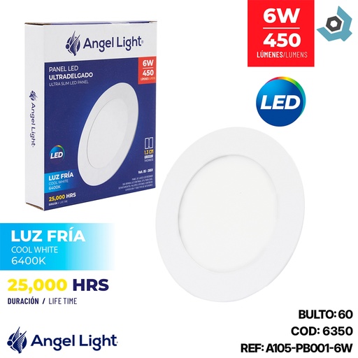[6350] LAMPARA LED PARA EMPOTRAR REDONDA 6W 4.5" LUZ BLANCA ANGEL LIGHT