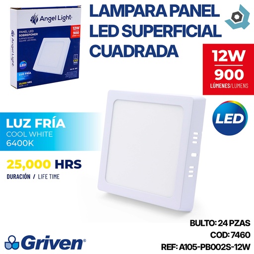[7460] LAMPARA PANEL LED SUPERFICIAL CUADRADA 12W 6400K ANGEL LIGHT
