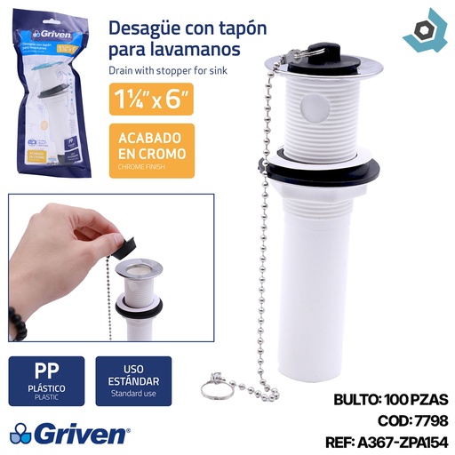 [7798] DESAGUE PARA LAVAMANOS 1 1/4" X 6" CON TAPON GRIVEN