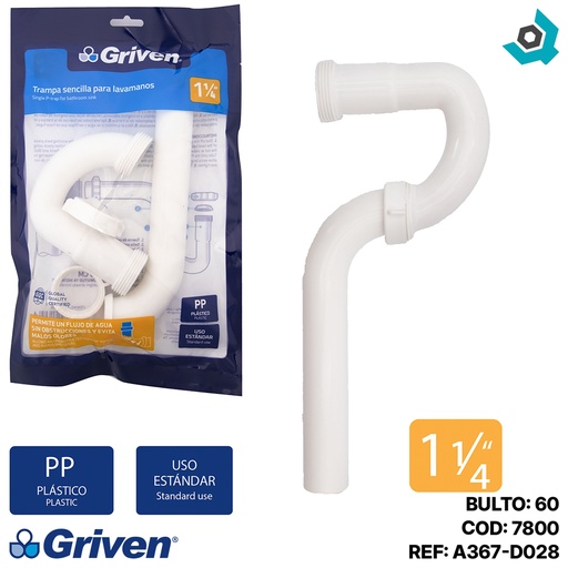 [7800] SIFON PARA LAVAMANOS 1 1/4" SENCILLO PVC GRIVEN