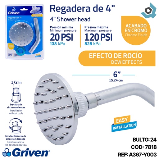[7818] REGADERA PARA BANO 4" REDONDA CROMADA GRIVEN