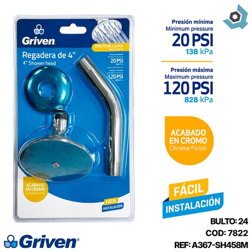 [7822] REGADERA PARA BANO 4" CON BRAZO GRIVEN